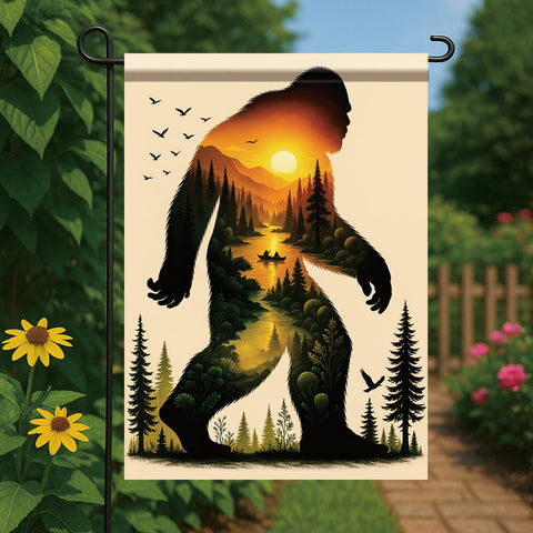 Starlit Patio bigfoot silhouette against mountains and river enhances cabin or campsite atmosphere.