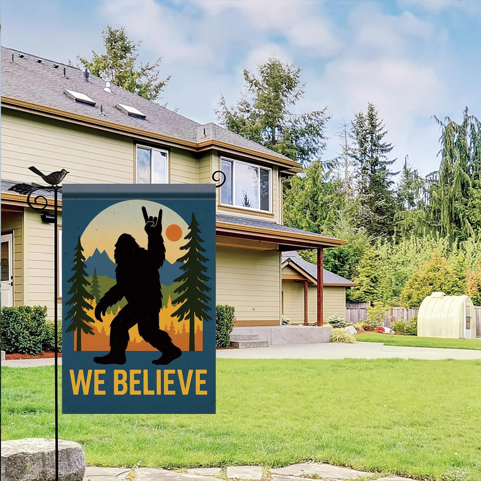 Starlit Patio cabin entrance flag enhances rustic yard and woodland vibe.