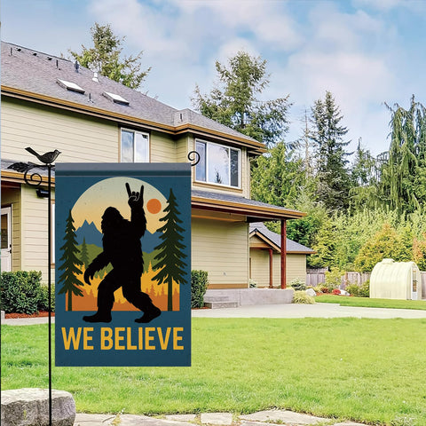 Starlit Patio cabin entrance flag enhances rustic yard and woodland vibe.