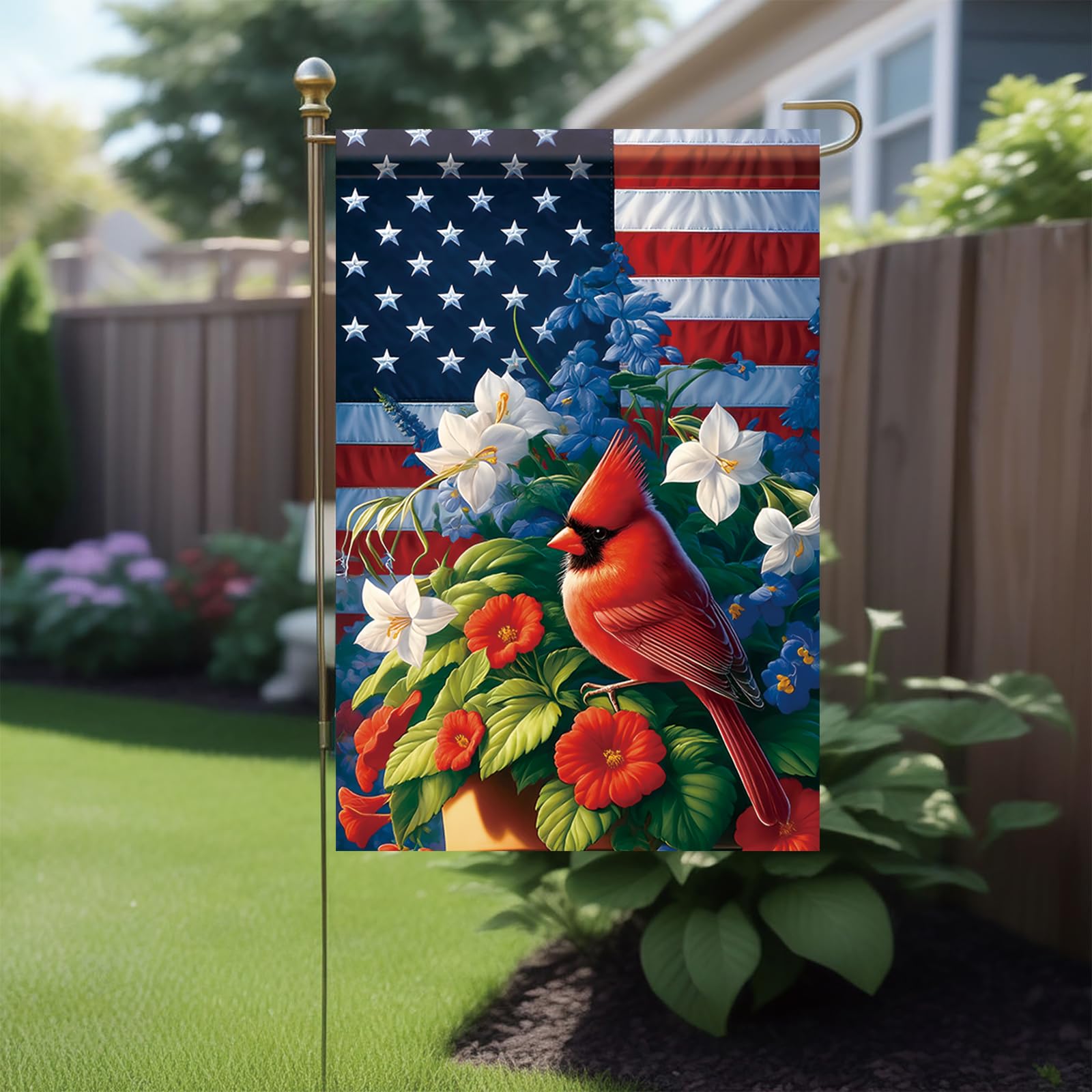 Starlit Patio cardinal bird design flag adds vibrant color to gardens.