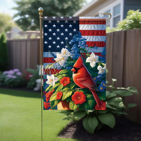 Starlit Patio cardinal bird design flag adds vibrant color to gardens.