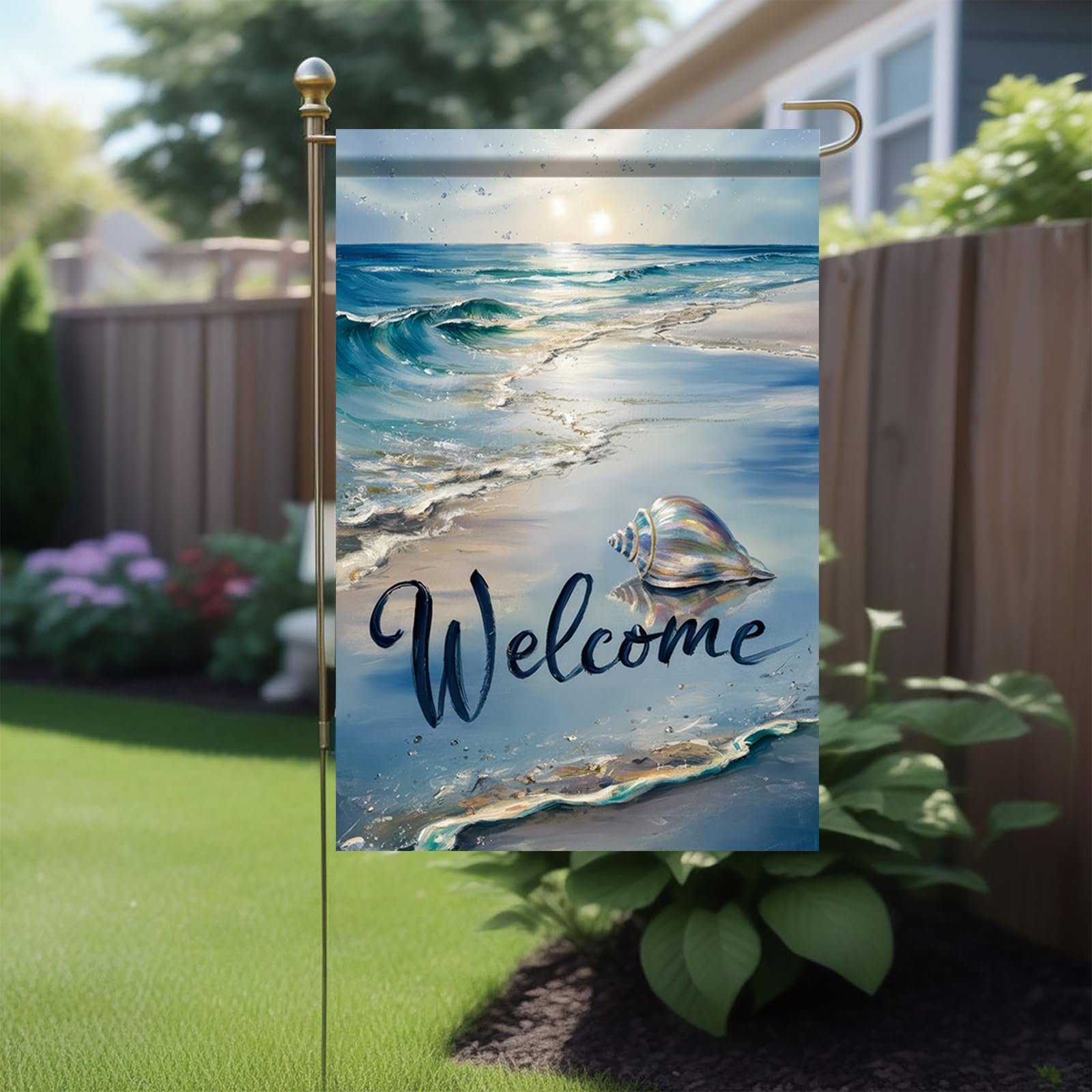 Starlit Patio Coral starfish flag adds vibrant coastal color for outdoor use