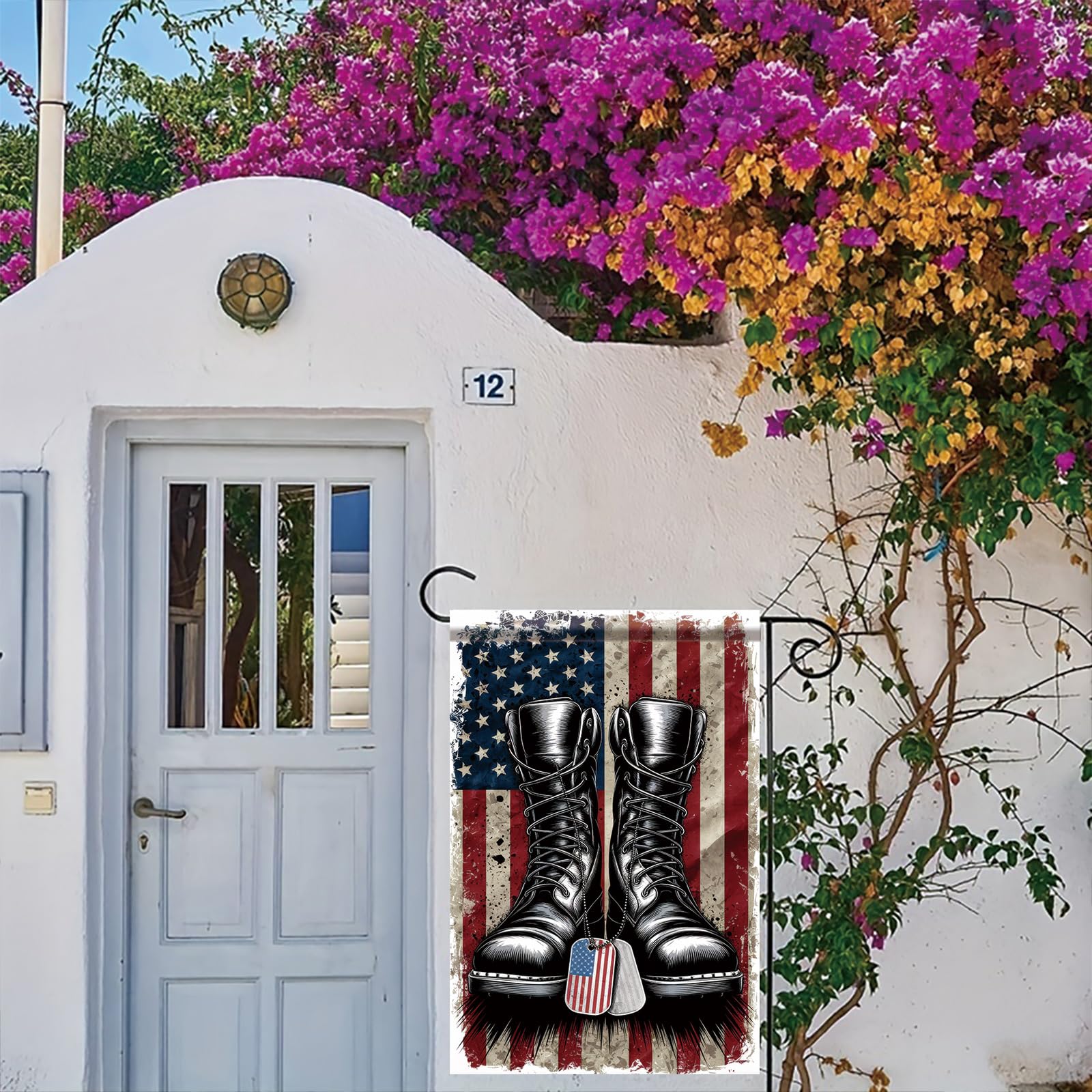 Starlit Patio dog tag and American flag motif promotes veteran tribute.