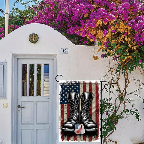 Starlit Patio dog tag and American flag motif promotes veteran tribute.