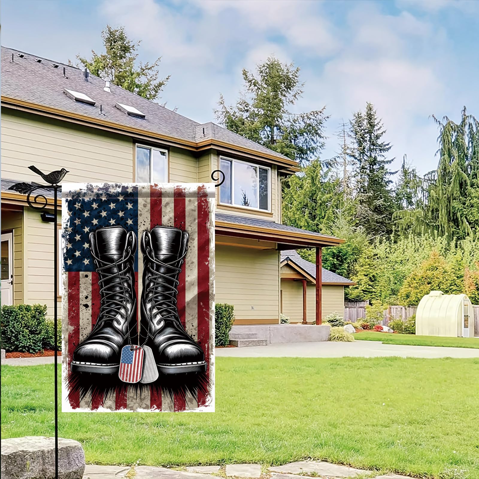 Starlit Patio double-sided flag showing boots design from both sides.