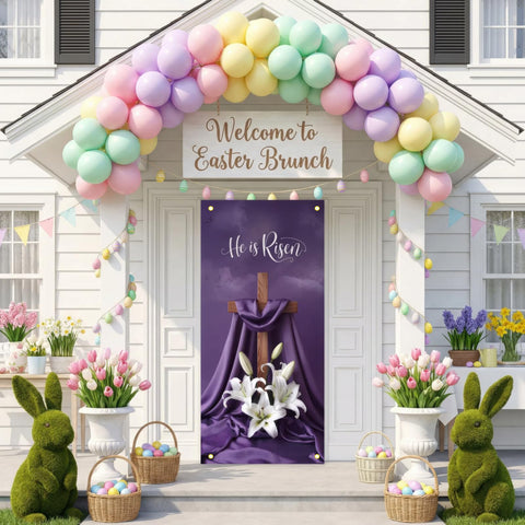 Starlit Patio Easter banner shows a purple drape over the cross for sacred ambiance.