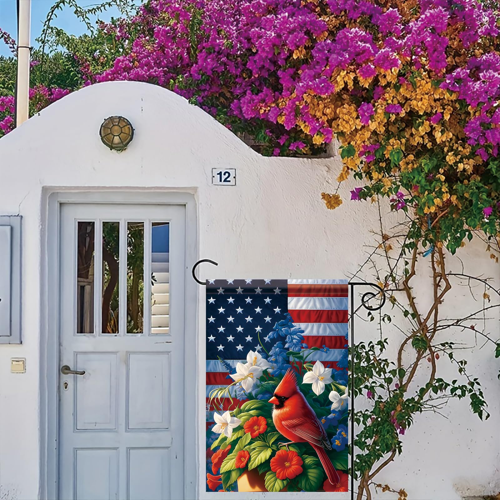 Starlit Patio floral accents flag brightens porches and patios in springtime.