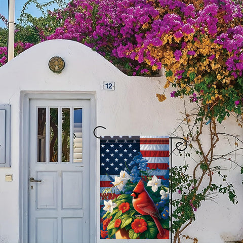 Starlit Patio floral accents flag brightens porches and patios in springtime.