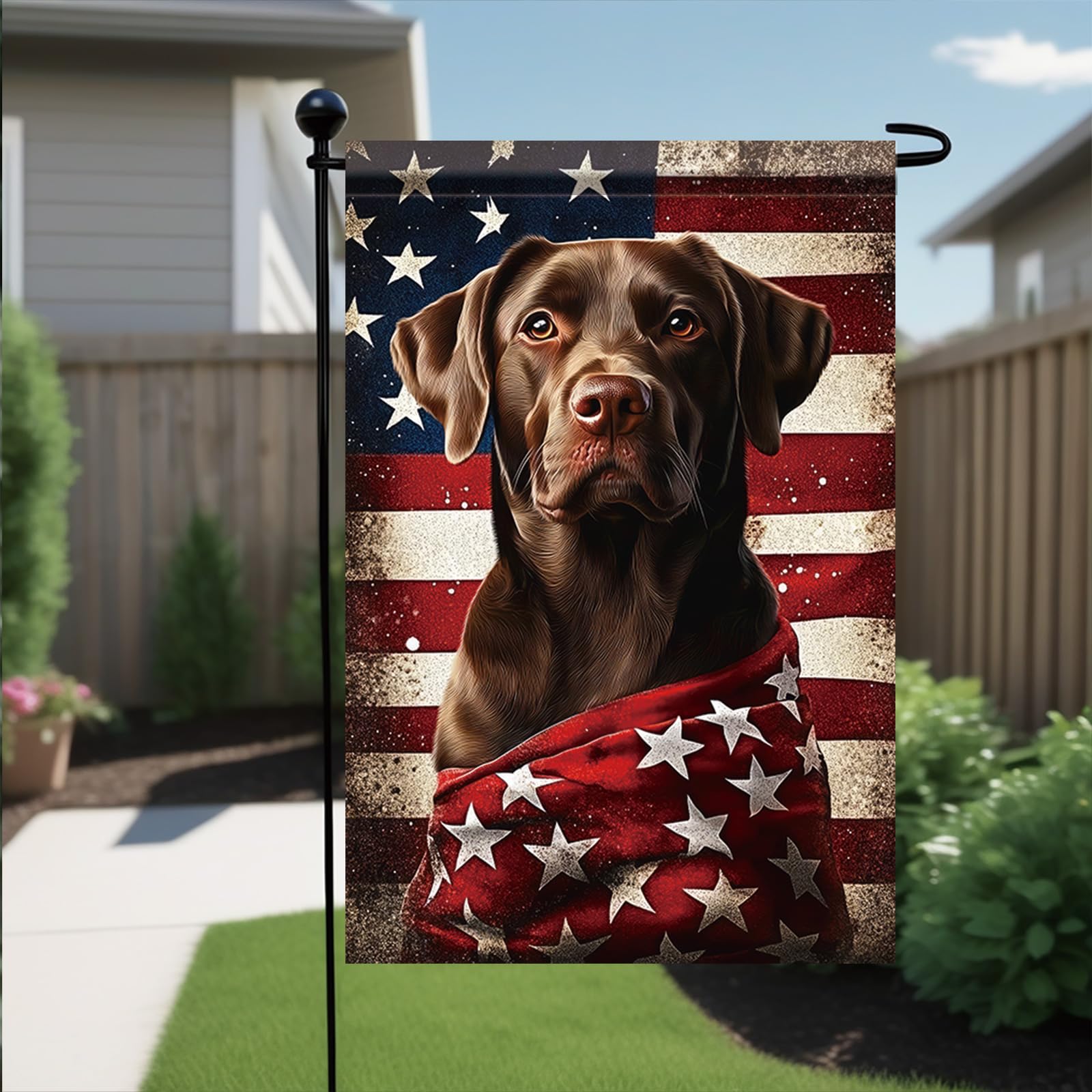 Starlit Patio flag fluttering in breeze adds lively movement outdoors.