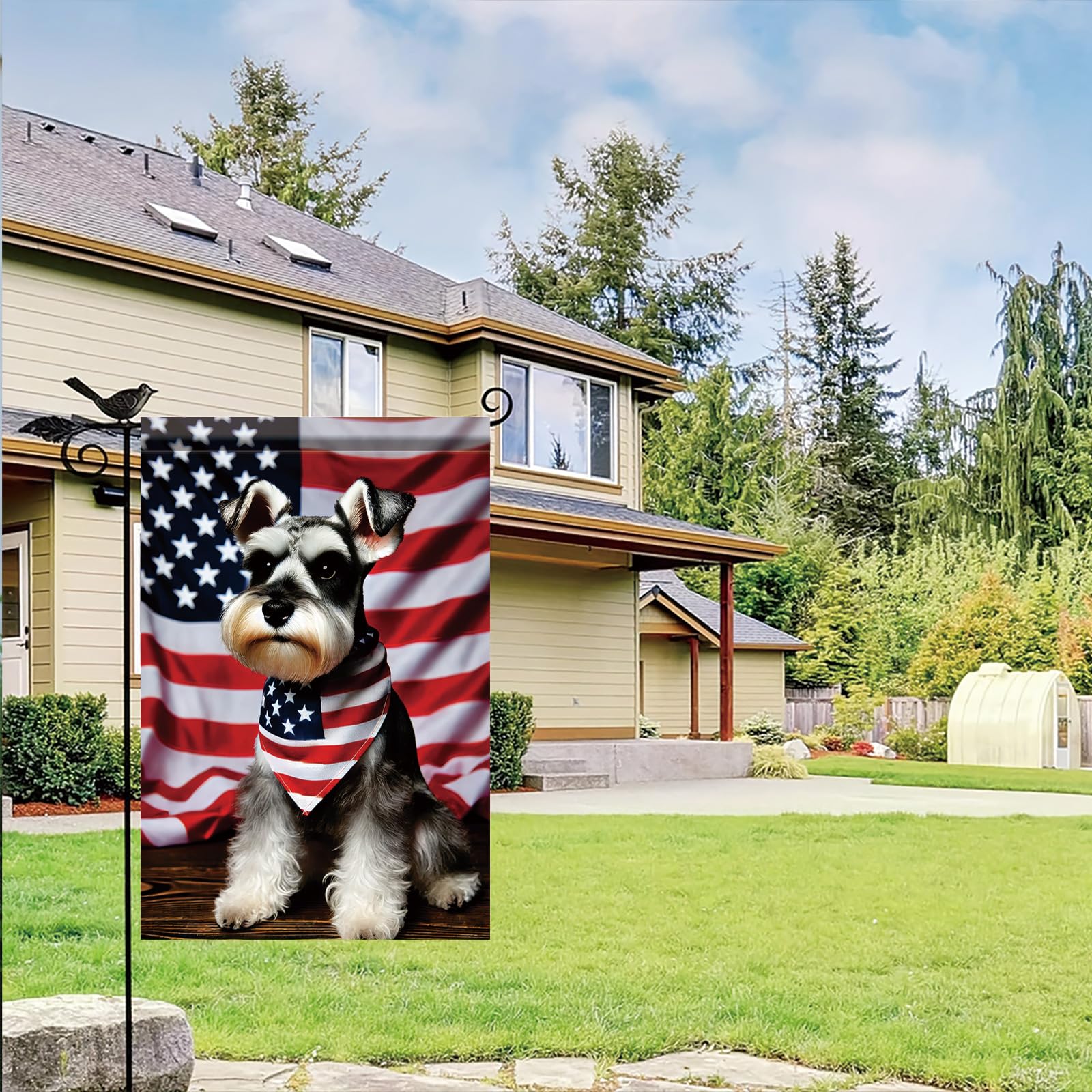 Starlit Patio Fourth of July flag, ideal for Independence Day celebrations and dog-loving decor.