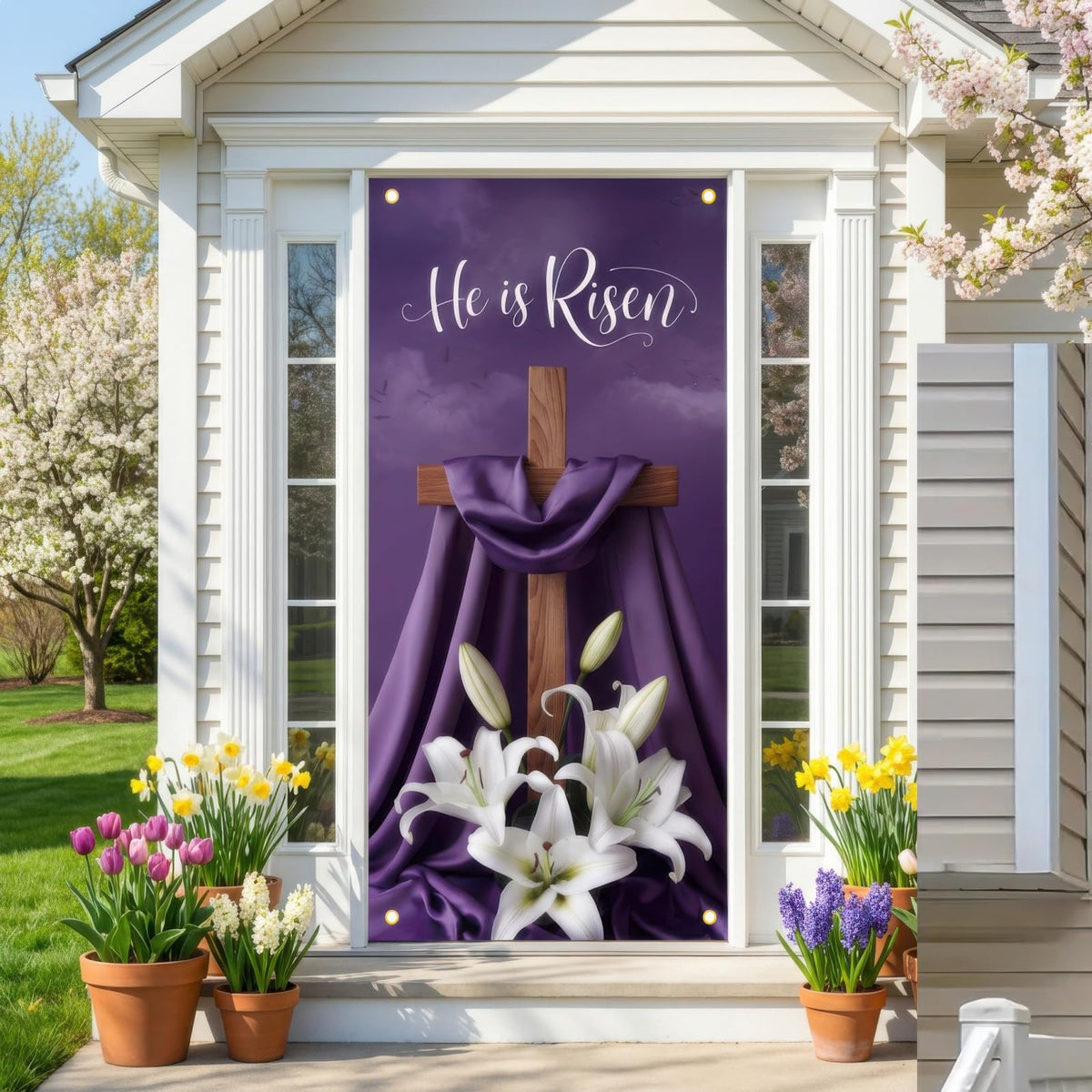 Starlit Patio He Is Risen banner with cross and lilies for a reverent front porch display.