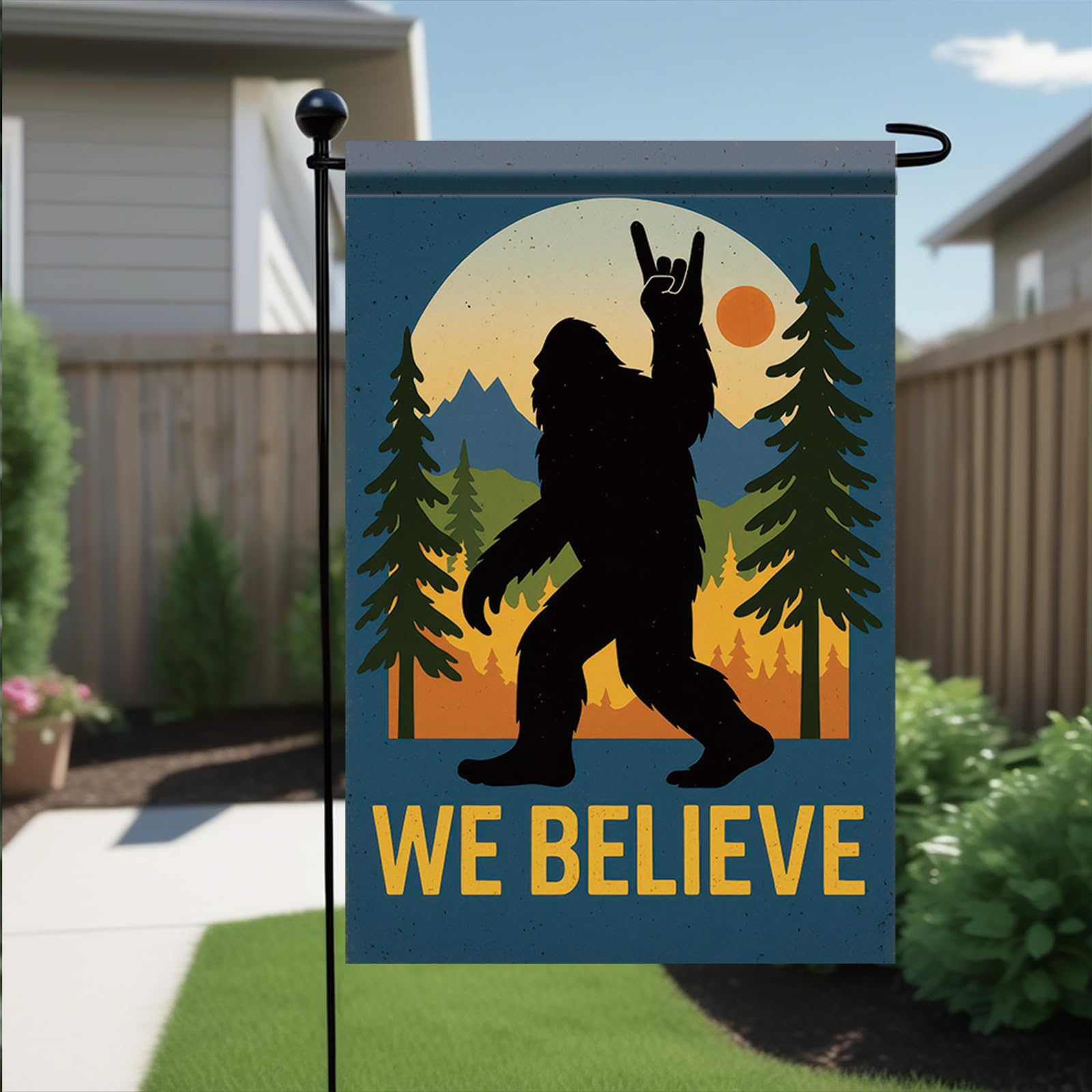 Starlit Patio mountain pine flag suits forest camps and trailhead decor.