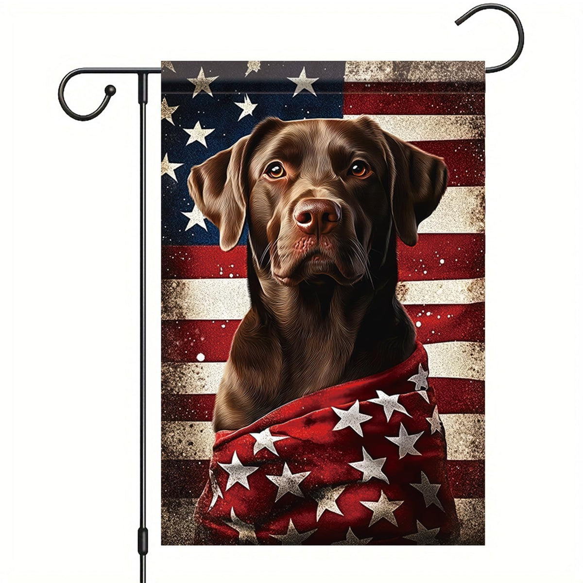 Starlit Patio patriotic chocolate lab flag front view adds bold outdoor charm.