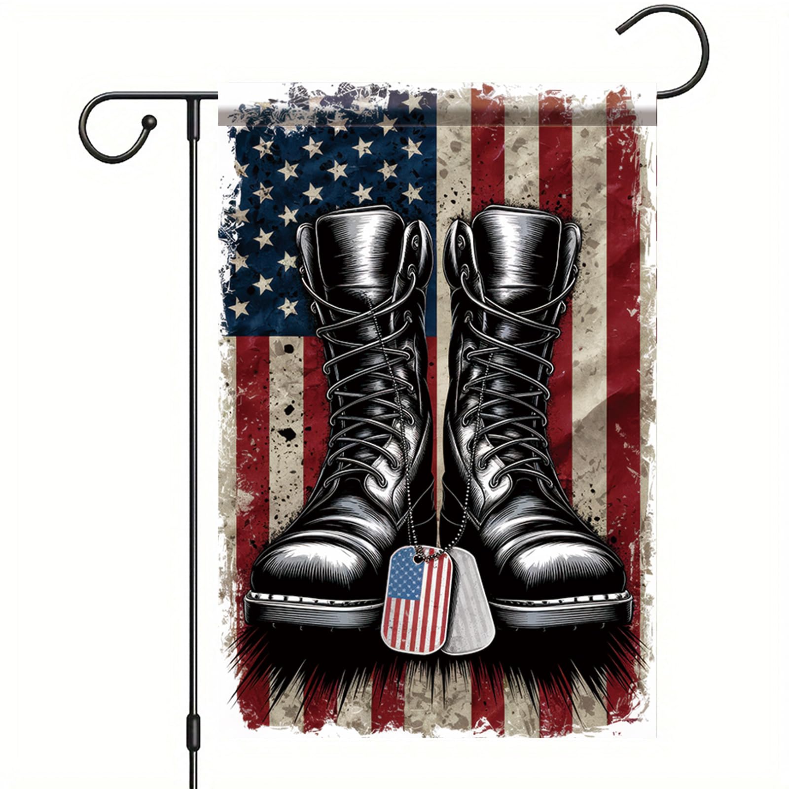 Starlit Patio patriotic military boots garden flag, front view, vibrant outdoor display.
