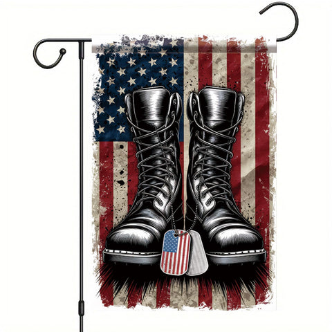 Starlit Patio patriotic military boots garden flag, front view, vibrant outdoor display.