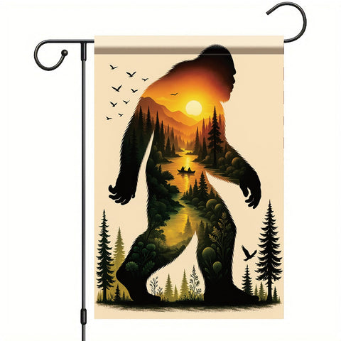 Starlit Patio Sasquatch forest landscape flag with Bigfoot silhouette for rustic outdoor decor.