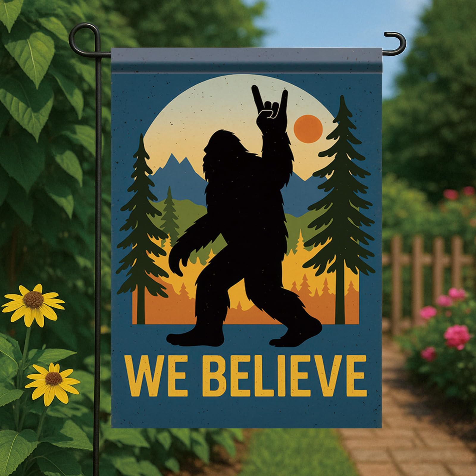 Starlit Patio Sasquatch garden banner with double-sided visibility for garden entrances.