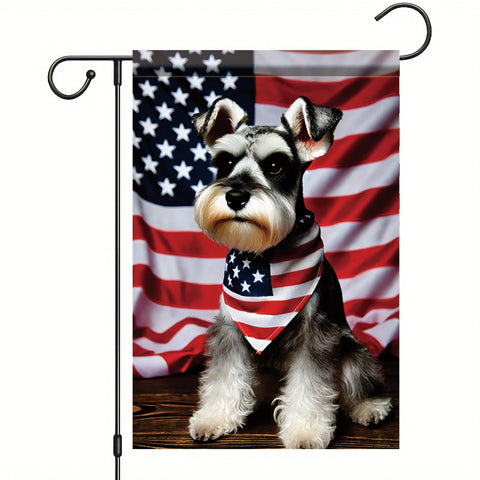 Starlit Patio Schnauzer flag with American backdrop, vivid porch decor for summer gatherings.