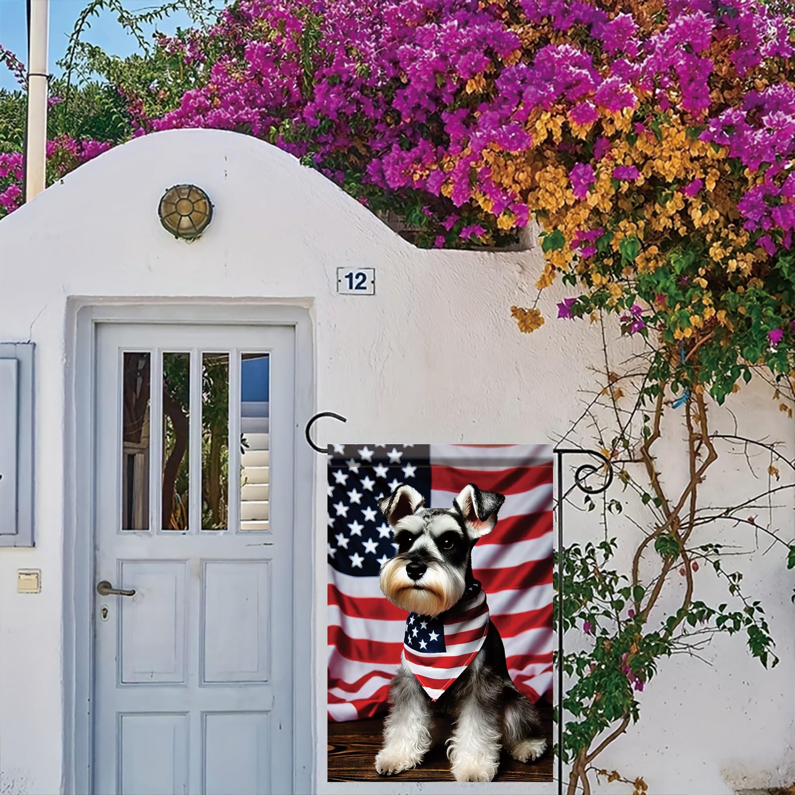 Starlit Patio flag backdrop with Schnauzer adds festive charm to entryways.