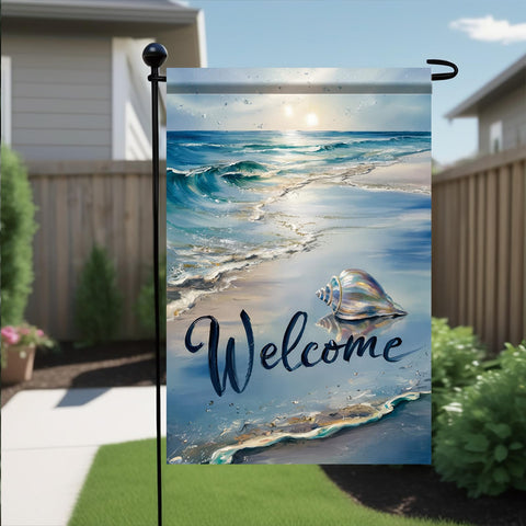Starlit Patio Sunset shell flag evokes warm evenings on deck or balcony