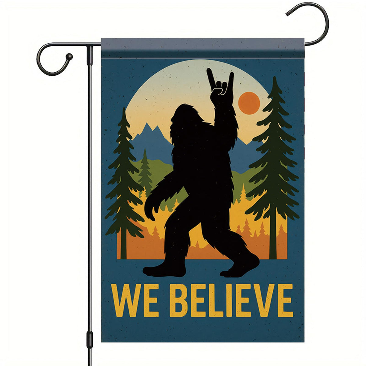 Starlit Patio We Believe forest silhouette flag for porch decor and outdoor charm.