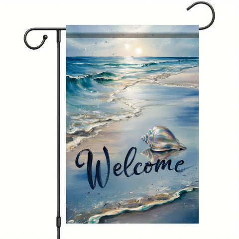 Starlit Patio Welcome Summer Coastal Flag with beach scene for outdoor display
