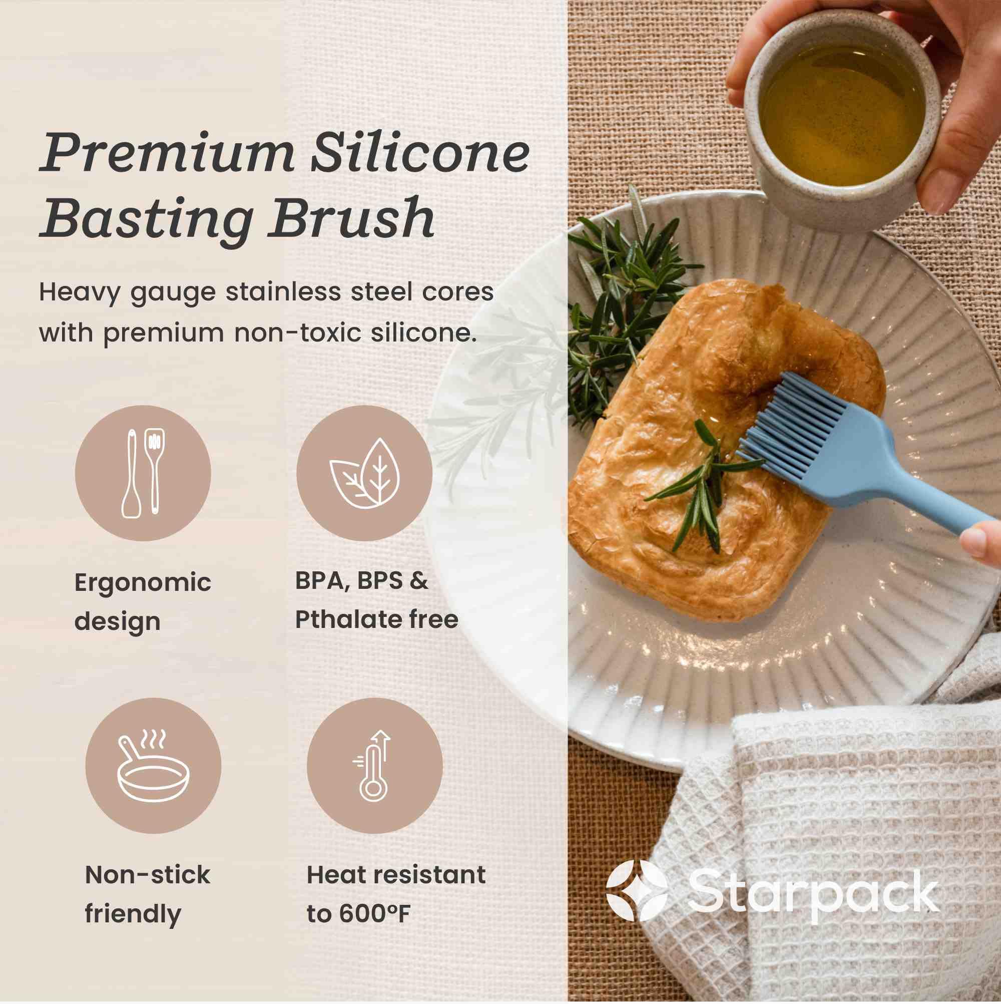 StarPack Home Silicone Basting Brush with 600°F heat resistance for grilling and roasting.