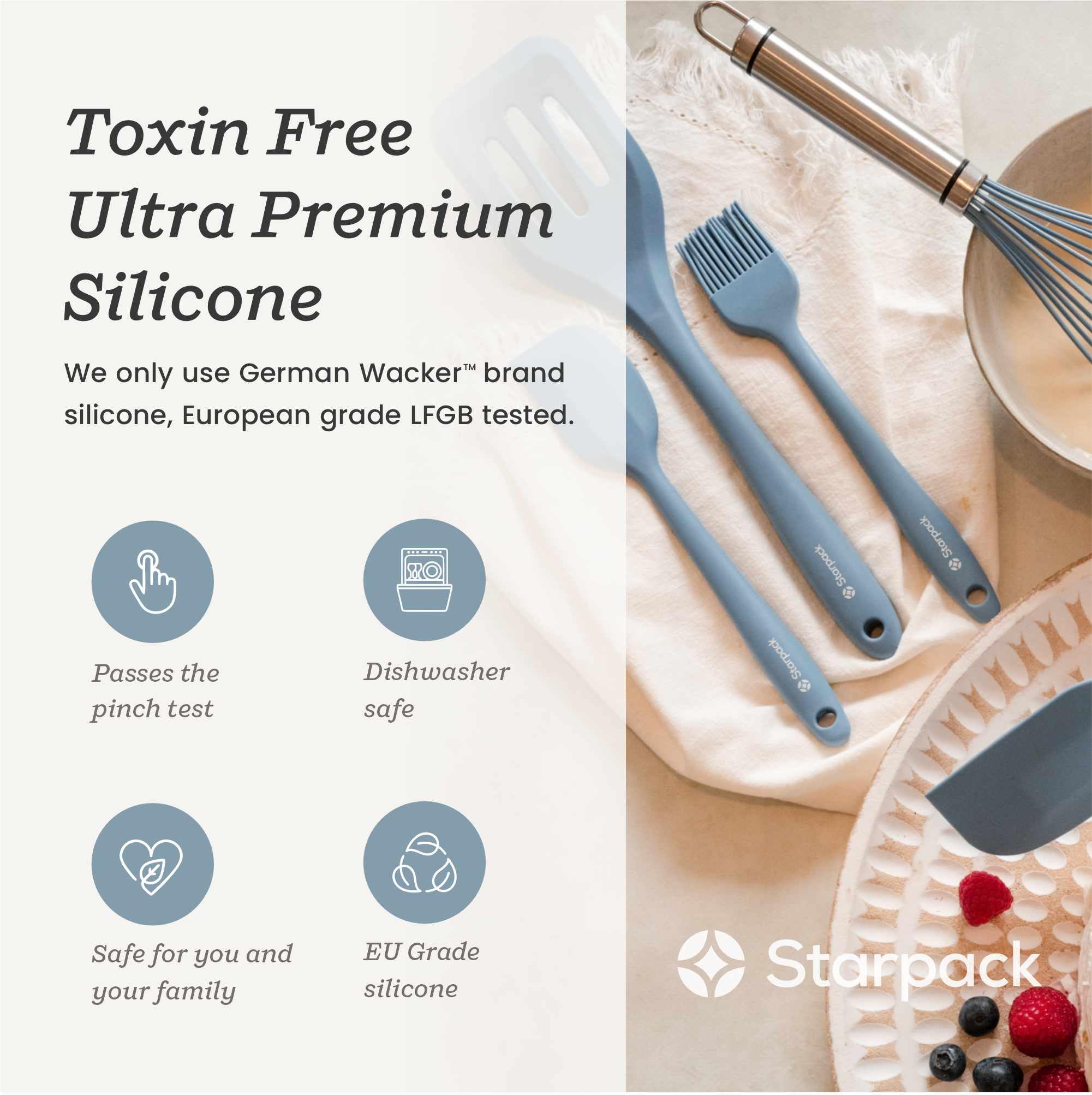 StarPack Home Stainless steel core with silicone outer for robust, safe use.