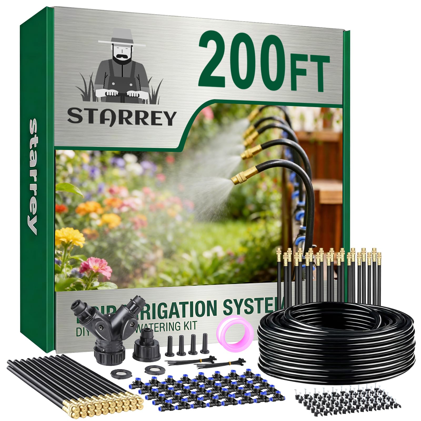 Starrey drip irrigation 200ft tubing laid out for a medium garden setup, demonstrating straightforward installation