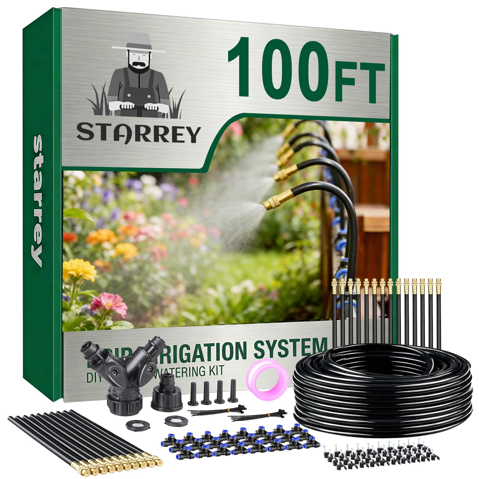 Starrey drip irrigation kit laid out for easy garden setup.