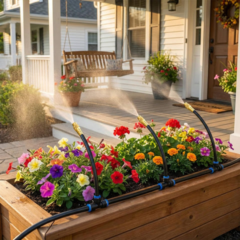 Starrey irrigation setup in a garden showing practical use cases for herb, flower, and veggie plots