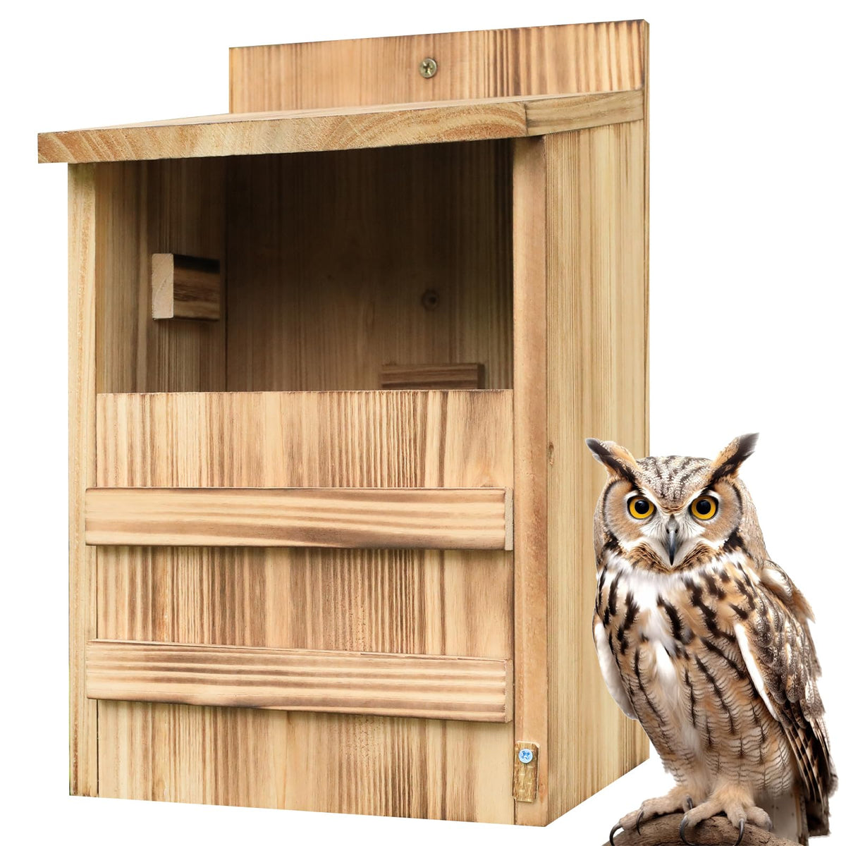 STARSWR Owl House outdoors with natural wood finish, ideal shelter for garden owls.