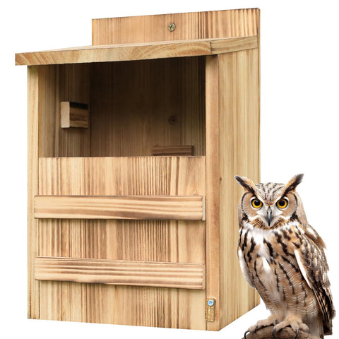 STARSWR Owl House outdoors with natural wood finish, ideal shelter for garden owls.