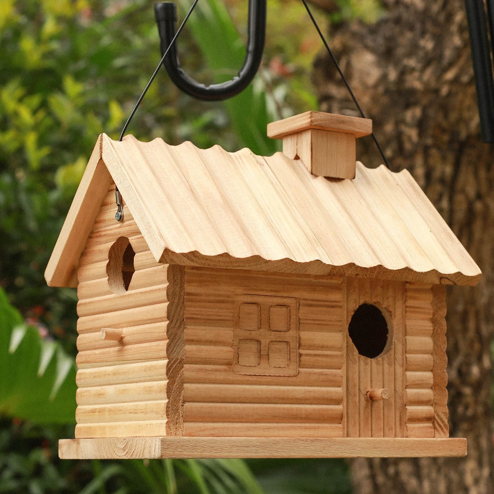 STARSWR two-hole bluebird bird house hanging for garden viewing.