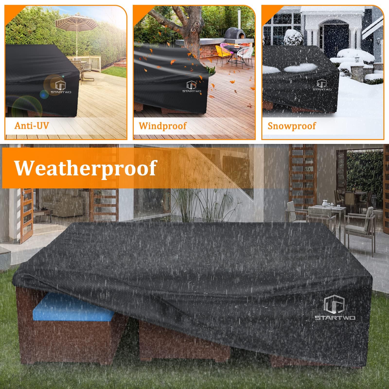 STARTWO patio cover full coverage protects against rain, snow, debris.