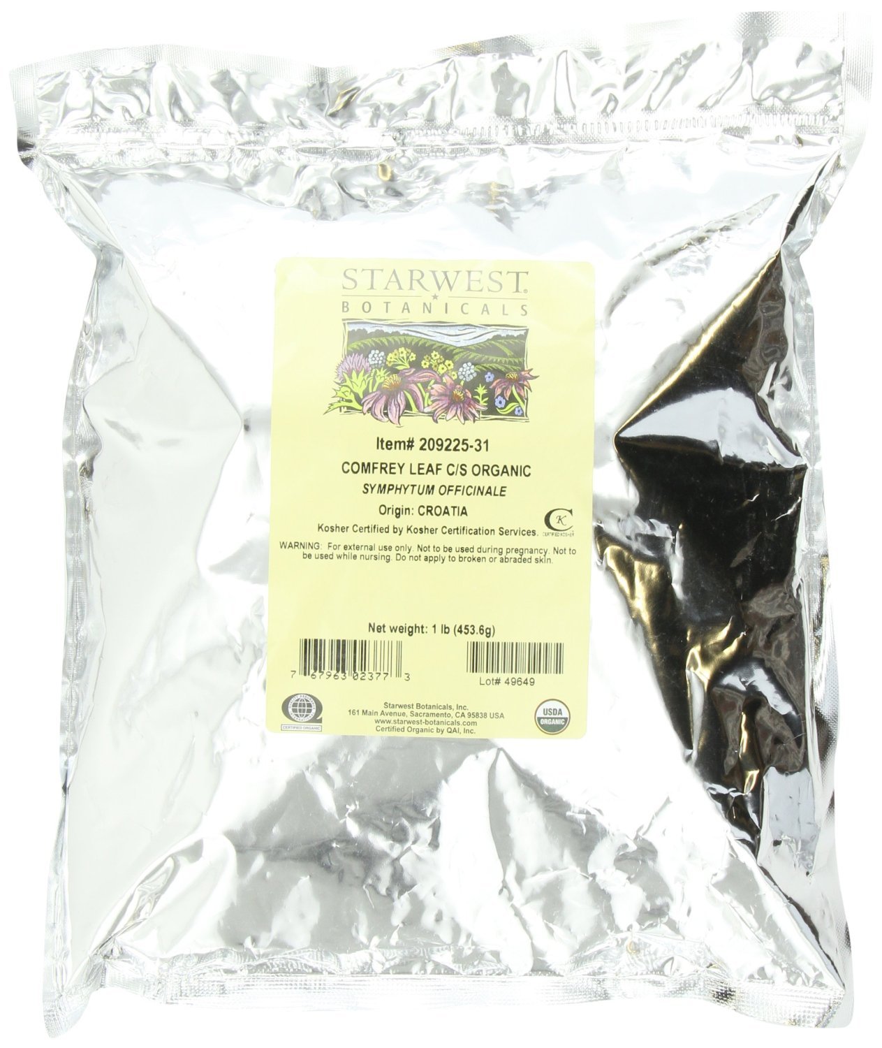 Starwest Botanicals comfrey leaf CS, organic bulk herb for sachets and crafts.
