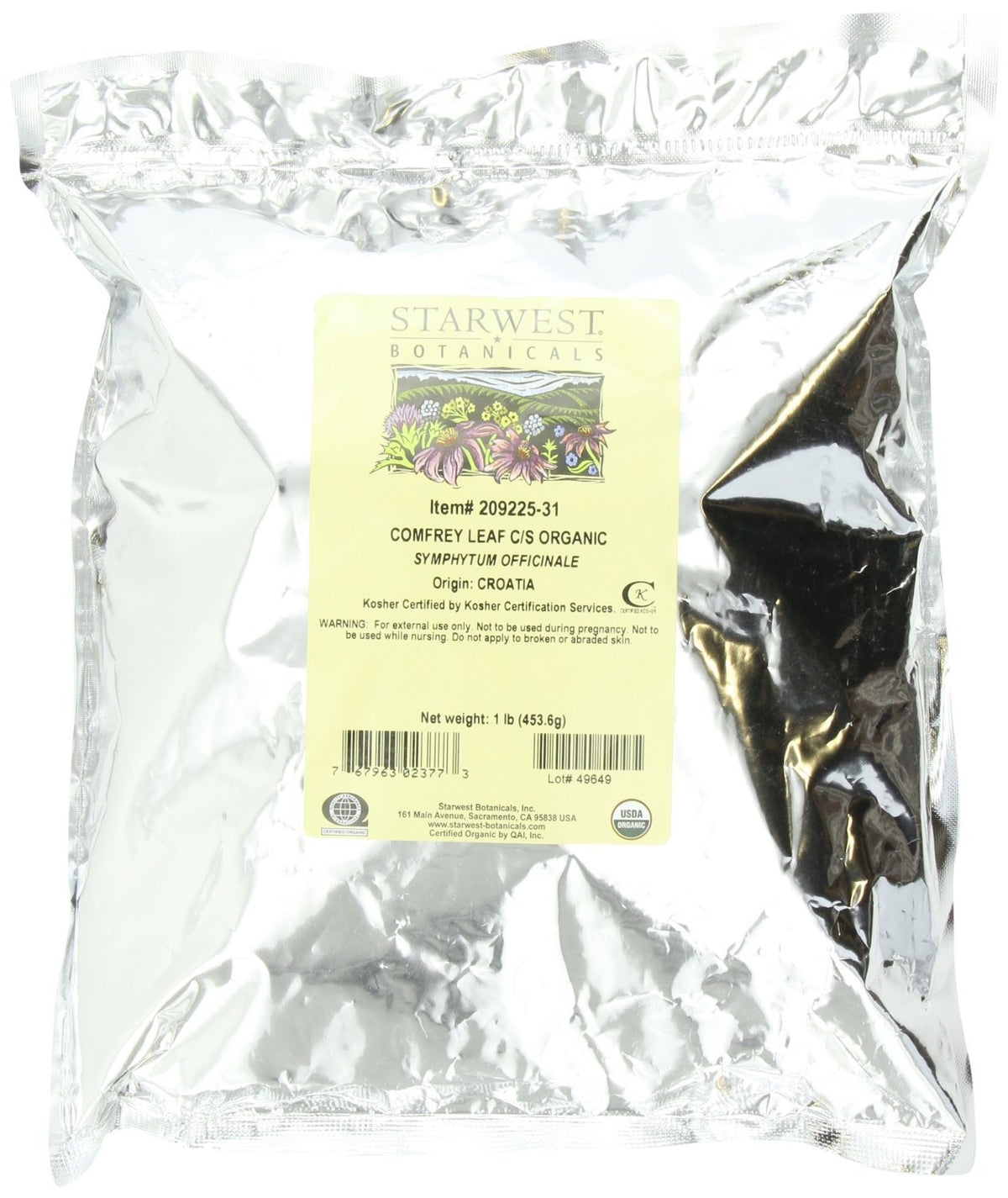 Starwest Botanicals comfrey leaf CS, organic bulk herb for sachets and crafts.