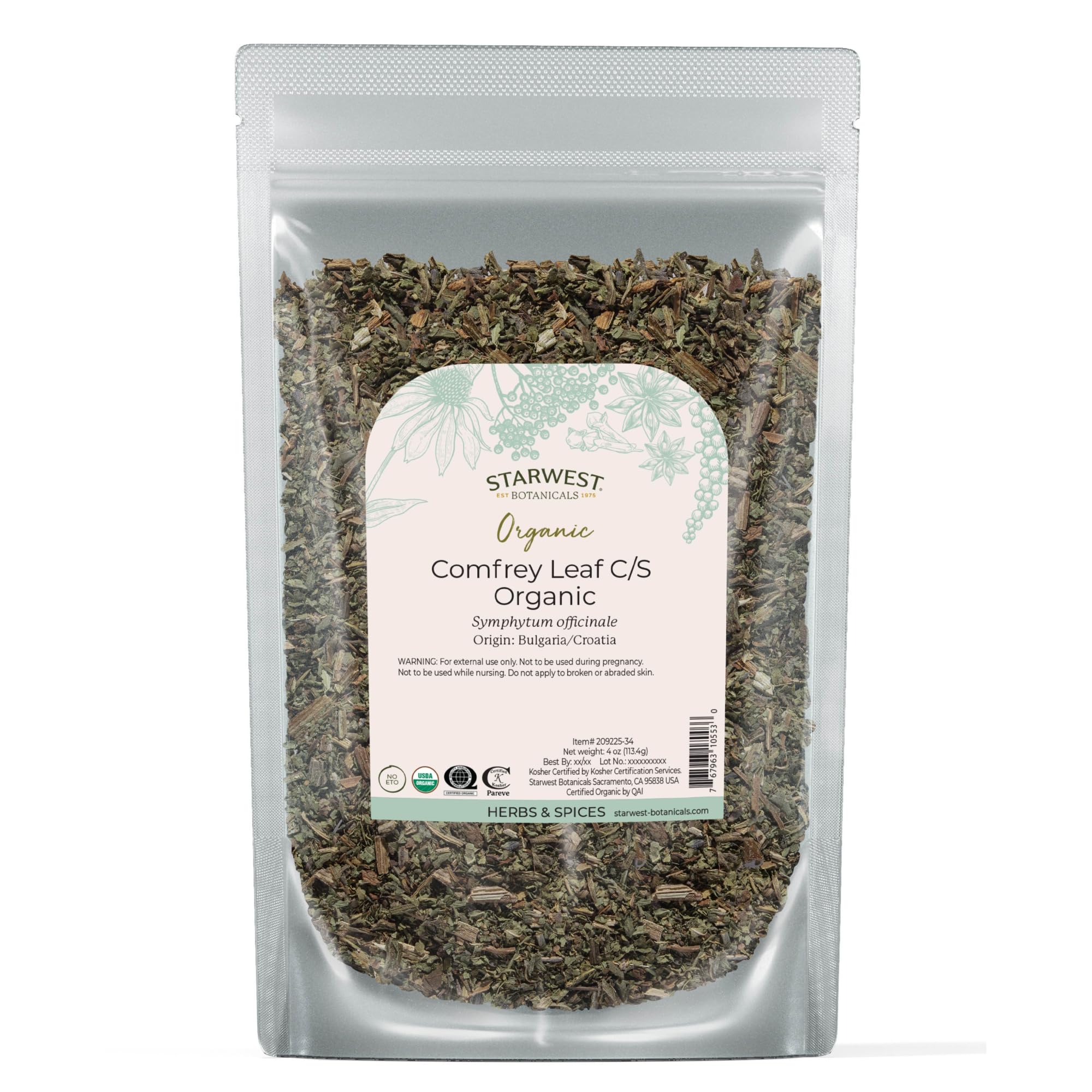 Starwest Botanicals comfrey leaf dried bag for topical preparations and skin support