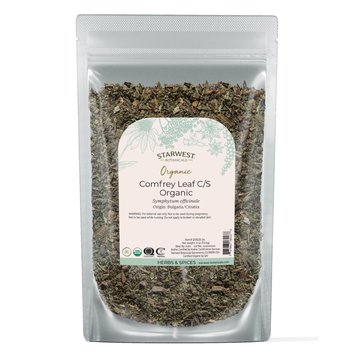 Starwest Botanicals comfrey leaf dried bag for topical preparations and skin support