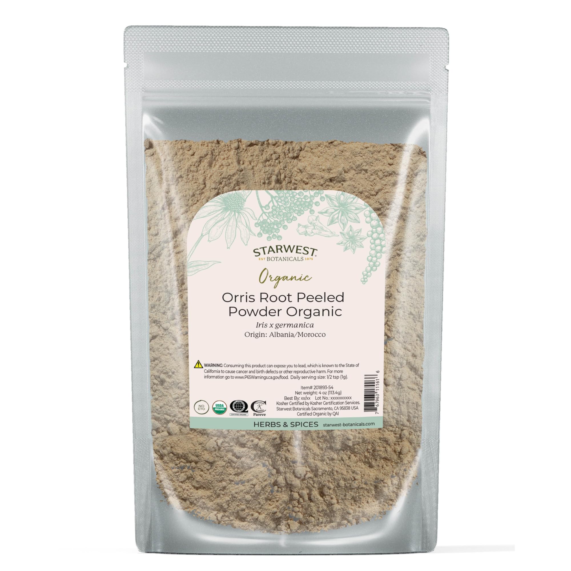 Starwest Botanicals orris root peeled powder in a resealable bag for potpourri ideas.