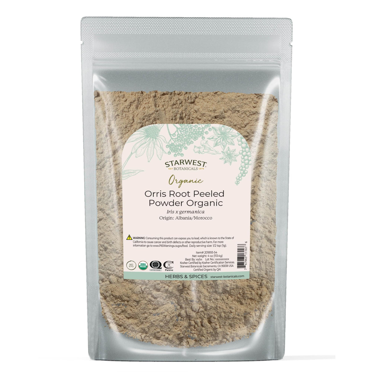 Starwest Botanicals orris root peeled powder in a resealable bag for potpourri ideas.