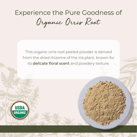 Starwest Botanicals orris root peeled powder jar offers a delicate violet aroma for crafts.