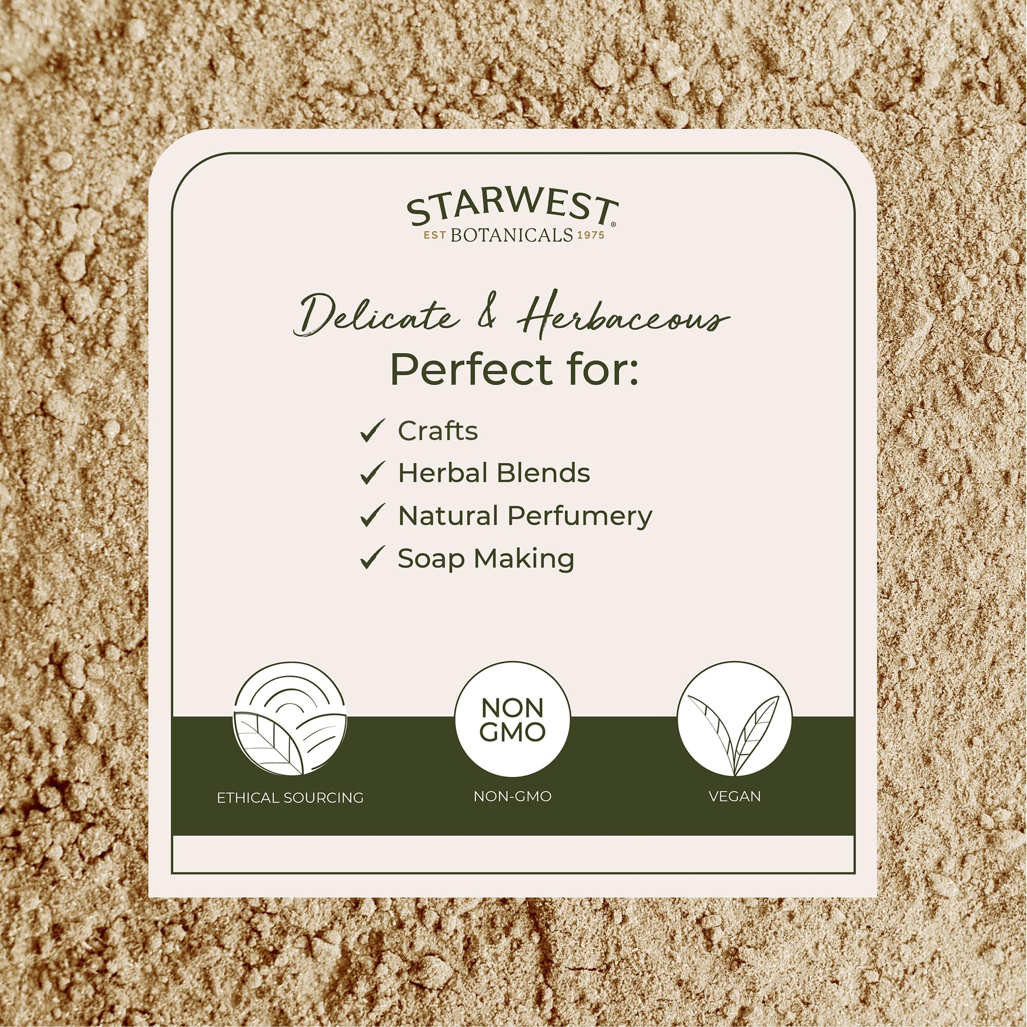 Starwest orris root peeled powder label highlights organic, kosher quality for safe culinary and craft use.