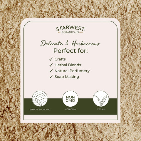 Starwest orris root peeled powder label highlights organic, kosher quality for safe culinary and craft use.