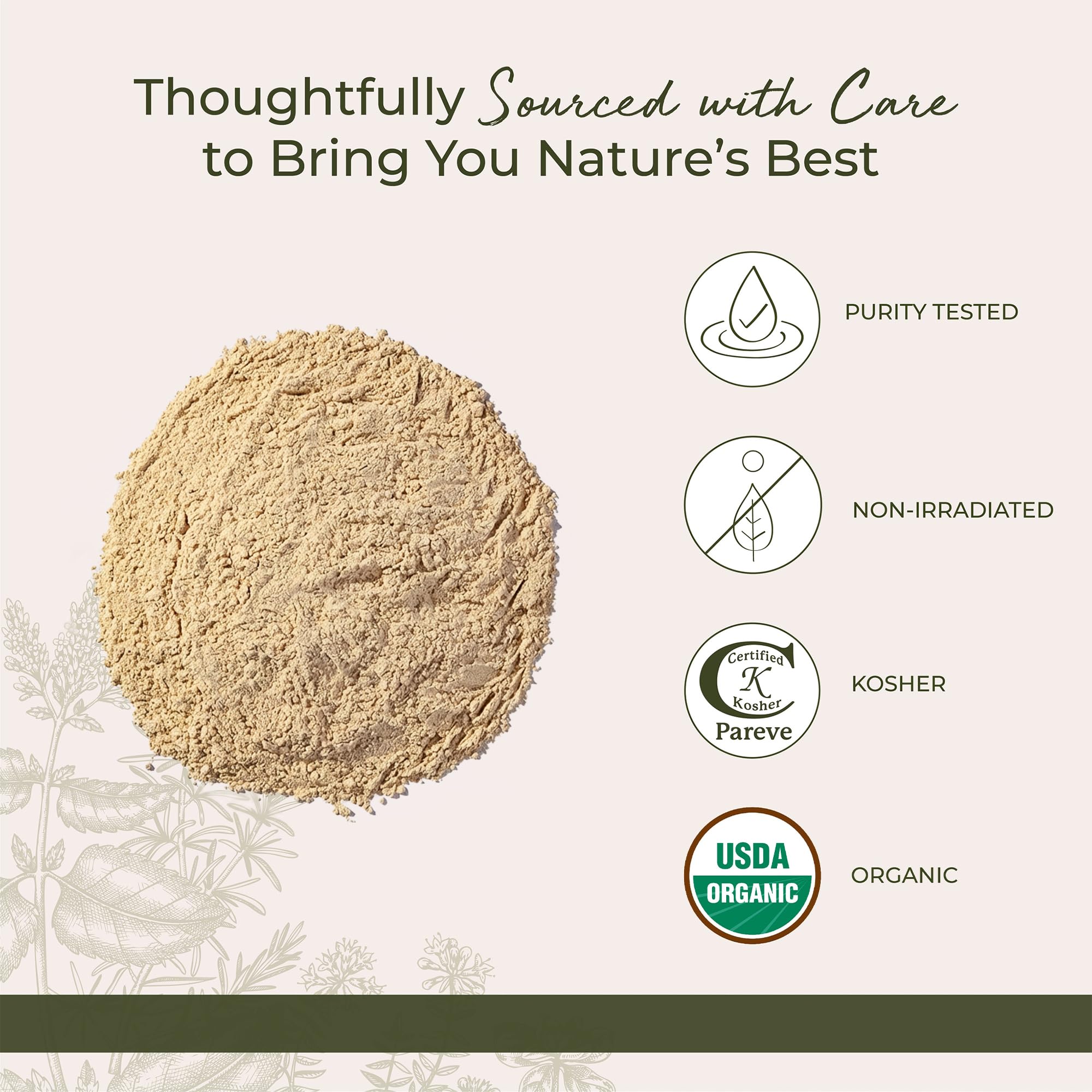 Non-GMO Starwest Ashwagandha powder shown with measuring scoop.