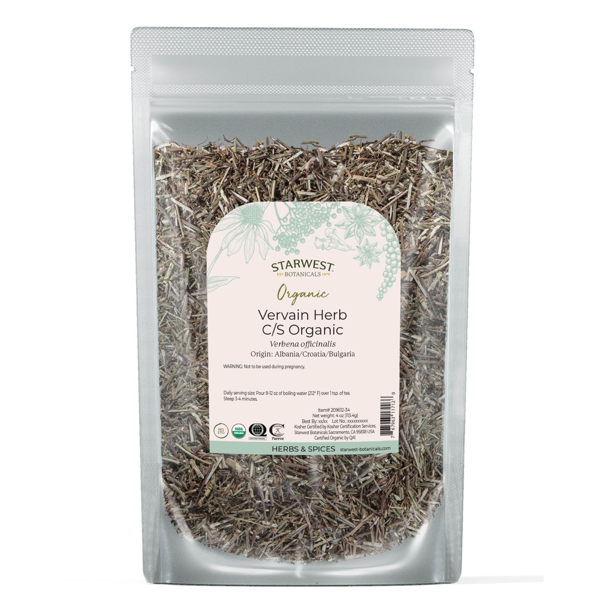 Starwest Botanicals vervain organic dried loose-leaf tea ready to brew.