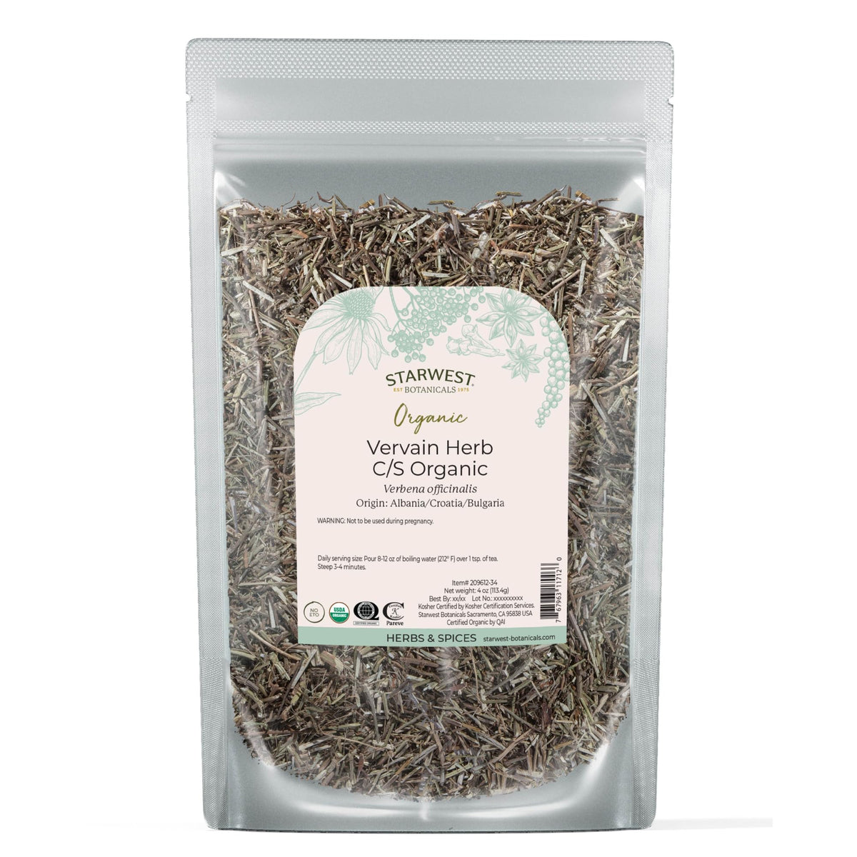 Starwest Botanicals vervain organic dried loose-leaf tea ready to brew.