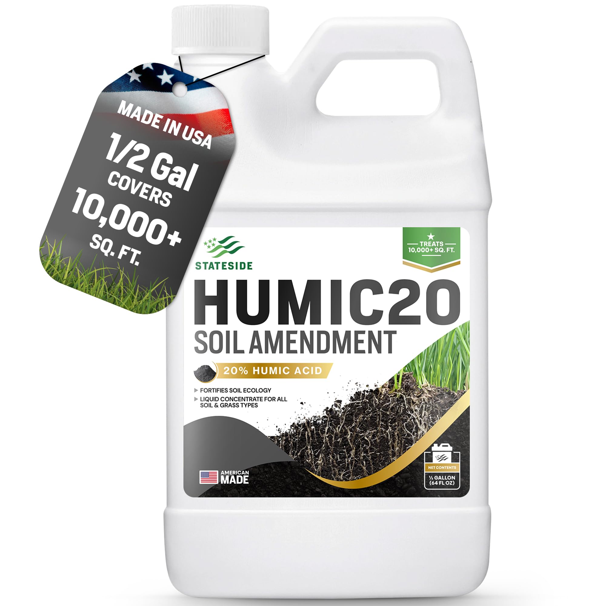 Stateside 64oz Humic Acid for Lawn bottle pour improves soil conditioning for healthier roots.