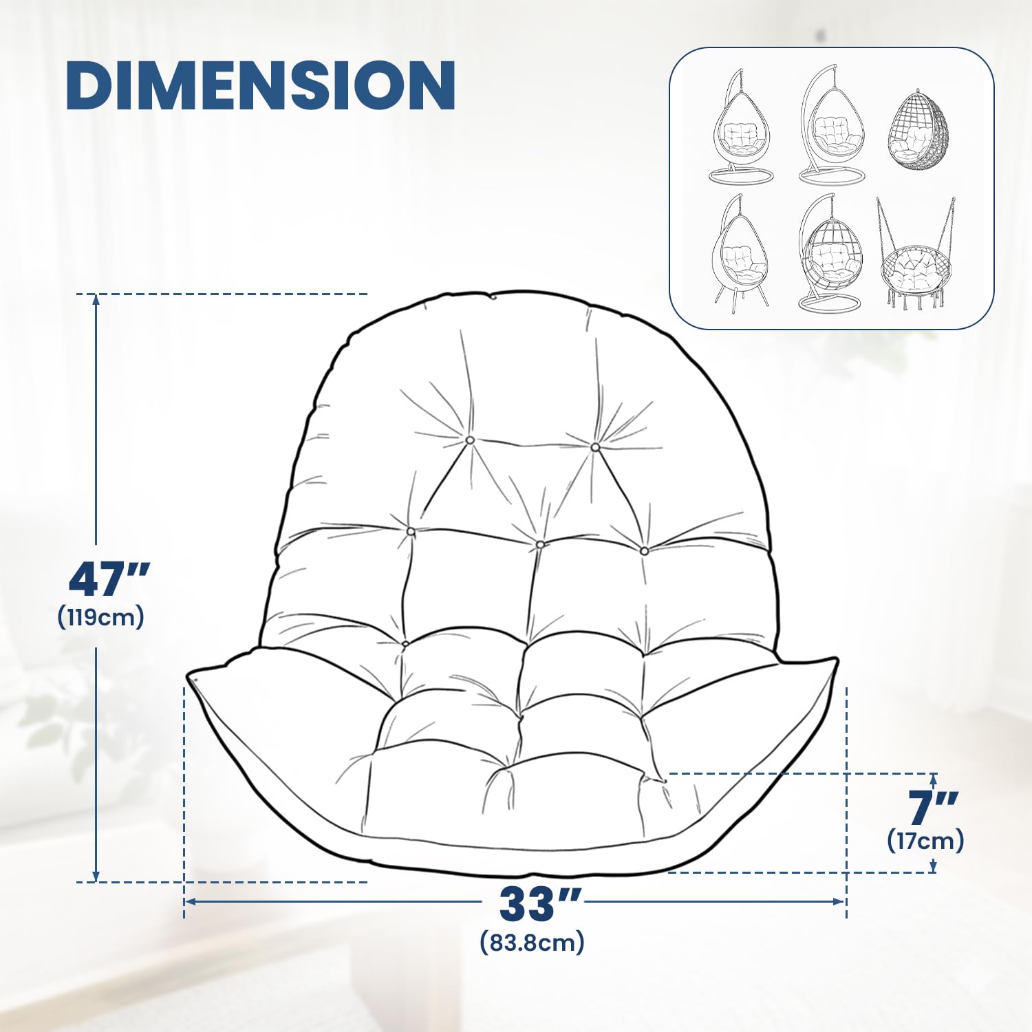 Stayden blue egg chair cushion, back view, supports relaxed outdoor seating.