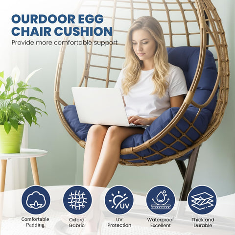 Stayden blue egg chair cushion, close-up stitching highlighting quality.